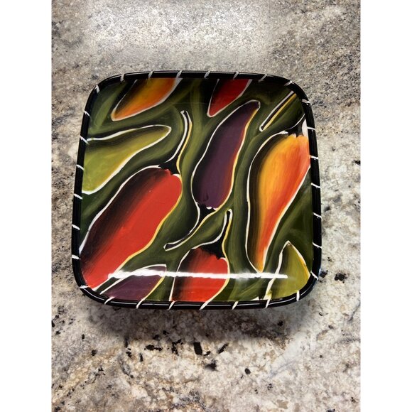 Clay Art Cayenne Square Plate 8” Hand Painted Peppers StoneLite Southwestern - Picture 2 of 5